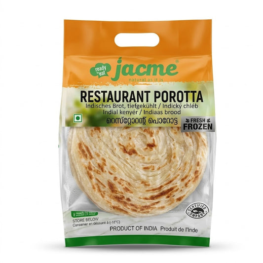 A front-facing studio shot of a Jacme Restaurant Porotta bag. The top of the bag is bright orange with a handle cutout, and the bottom is clear, showcasing a large, flaky, golden-brown layered flatbread (porotta). The text "Fresh Frozen" and "Ready to Eat" are visible. This is a certified product of India.