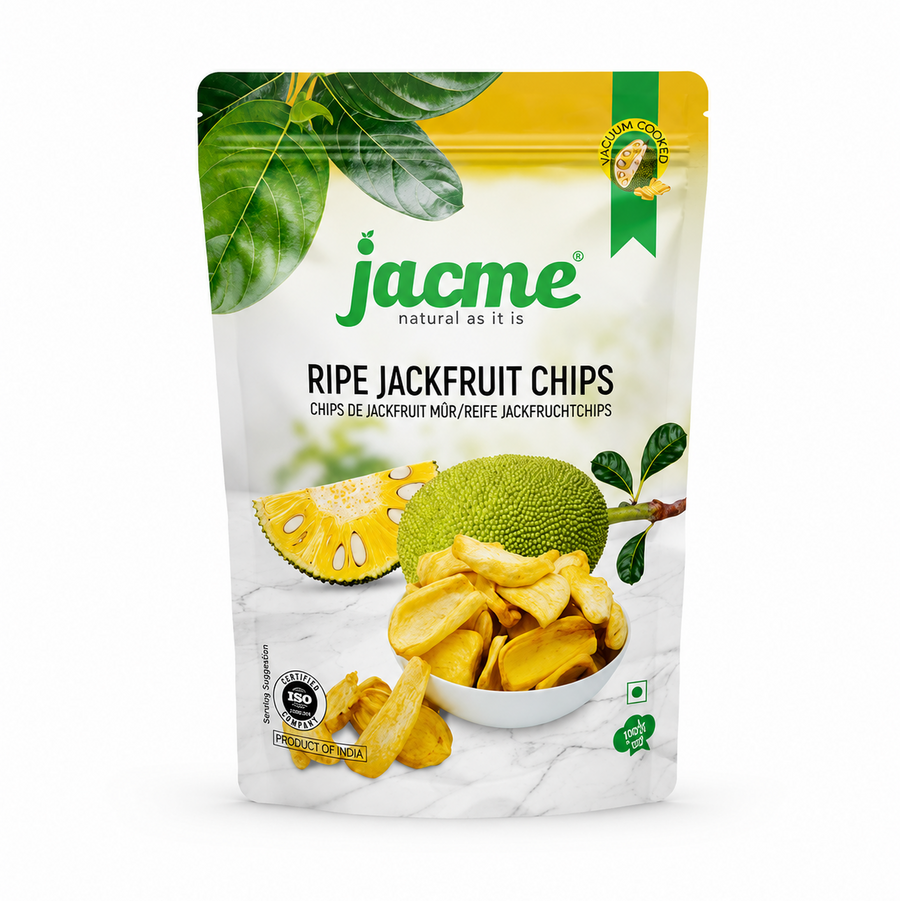 A studio product shot of a stand-up retail pouch of Jacme Ripe Jackfruit Chips isolated against a pure white background in image_844821.jpg. The white and yellow packaging features fresh jackfruit leaves, a whole jackfruit with a sliced section, and a white bowl overflowing with golden-yellow jackfruit chips.
