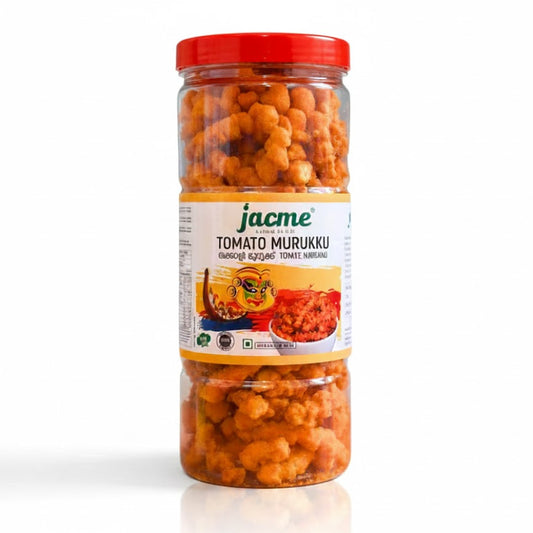 Jacme Tomato Murukku 200g jar, featuring authentic and crunchy traditional South Indian savory snacks, is available for purchase at theindianshelf.co.uk.