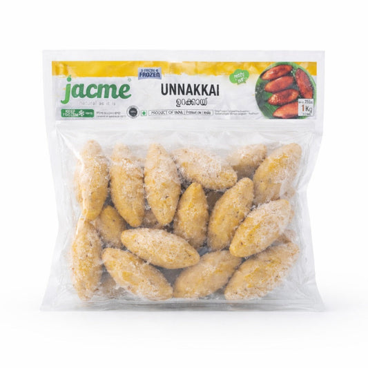 This is a 1kg pack of frozen Unnakkai from the brand Jacme. Unnakkai is a traditional Malabar stuffed plantain snack, often filled with a sweet mixture of coconut and jaggery. As a frozen, ready-to-heat product, it offers a convenient way to enjoy this authentic delicacy at home.This product is available in the UK at theindianshelf.co.uk.