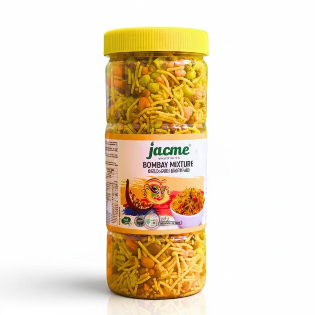 Jacme Bombay Mixture 300g bottle, featuring an authentic and crunchy traditional Indian savory snack mix, is available for purchase at theindianshelf.co.uk.