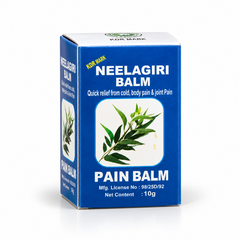 A 10g blue and white retail carton of KDR Mark Neelagiri Balm featuring brand typography and eucalyptus leaf imagery, centered on a solid white background. Available in the UK at theindianshelf.co.uk.