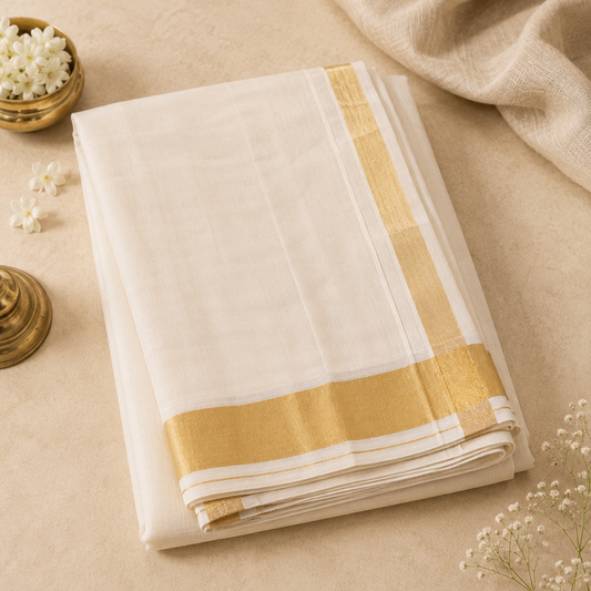 A studio flatlay shot of a neatly folded cream-white Kerala Kasavu Saree arranged on a warm beige surface. The cotton fabric features a broad, brilliant horizontal and vertical golden zari border. The top layout is elegantly framed by a small brass bowl of white jasmine blossoms and a soft cream textile drape. Available in the UK at theindianshelf.co.uk.