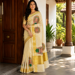 A lifestyle product shot of a woman modeling a traditional off-white Kerala Kasavu Saree with a wide golden zari border. The saree is adorned with colorful hand-painted Kathakali dance face motifs. Available in the UK at theindianshelf.co.uk.