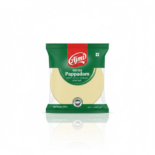 The Ajmi brand Kerala Pappadom 200g pack, which is certified by GMP (Good Manufacturing Practice), is available for purchase from theindianshelf.co.uk.