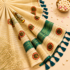 A studio flatlay shot of a folded cream-gold Kerala Tissue Saree on a light beige backdrop. The metallic gold body features a wide teal-blue center stripe, circular ethnic geometric motifs, a traditional peacock design, and rich teal fringe tassels. Available in the UK at theindianshelf.co.uk.