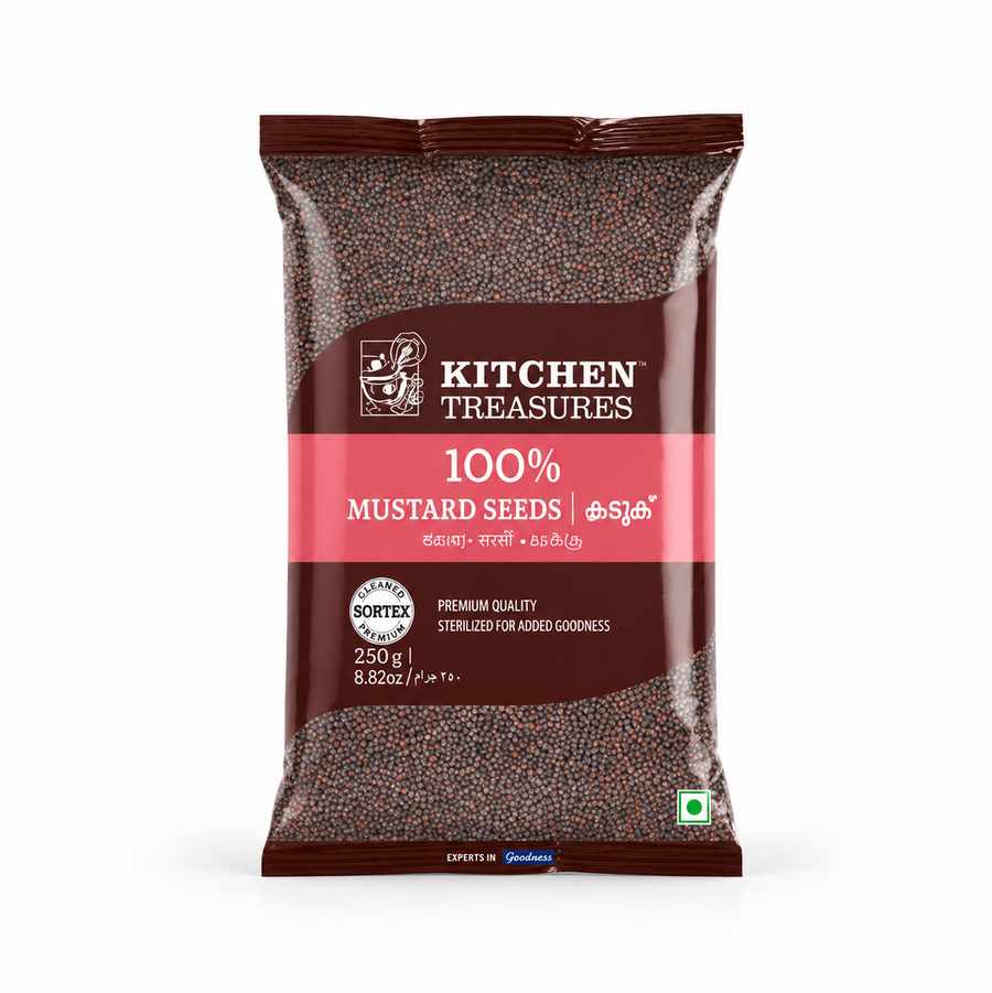 A 250g pouch of Kitchen Treasures 100% Mustard Seeds centered on a white background, featuring a dark brown label design with a pink horizontal band displaying the whole seeds through transparent windows. This product is available in the UK at theindianshelf.co.uk.