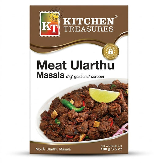 Kitchen Treasures Meat Ularthu Masala
Bring the bold, aromatic flavors of traditional Kerala-style stir-fry to your kitchen with Kitchen Treasures Meat Ularthu Masala. This 100g spice blend is expertly crafted to help you achieve the authentic taste of "Ularthiyathu," characterized by its deep color and rich, roasted spice profile.This product is available in the UK at theindianshelf.co.uk.