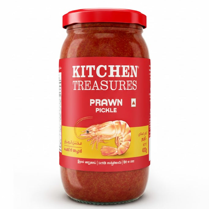 Kitchen Treasures Prawn Pickle 400g jar, featuring authentic and spicy traditional seafood flavors, is available for purchase at theindianshelf.co.uk.