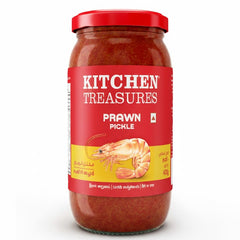 Kitchen Treasures Prawn Pickle 400g jar, featuring authentic and spicy traditional seafood flavors, is available for purchase at theindianshelf.co.uk.