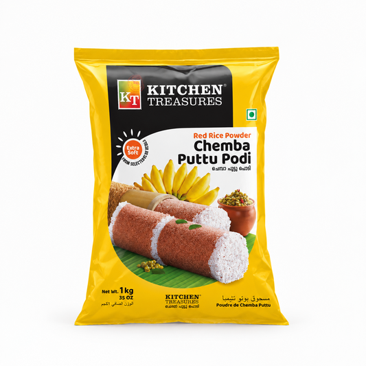 A 1kg pack of Kitchen Treasures Red Rice Powder Chemba Puttu Podi in yellow packaging featuring steamed puttu cylinders and bananas, centered on a solid white background. Available in the UK at theindianshelf.co.uk.