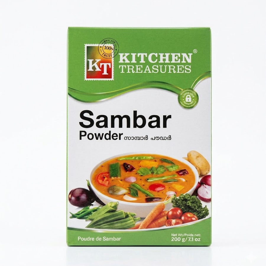 Kitchen Treasures Sambar Powder
Create an authentic, aromatic South Indian Sambar with Kitchen Treasures Sambar Powder. This 200g pack features a masterfully balanced blend of roasted lentils and premium spices, delivering the perfect consistency and traditional tang to your daily meals.This product is available in the UK at theindianshelf.co.uk.