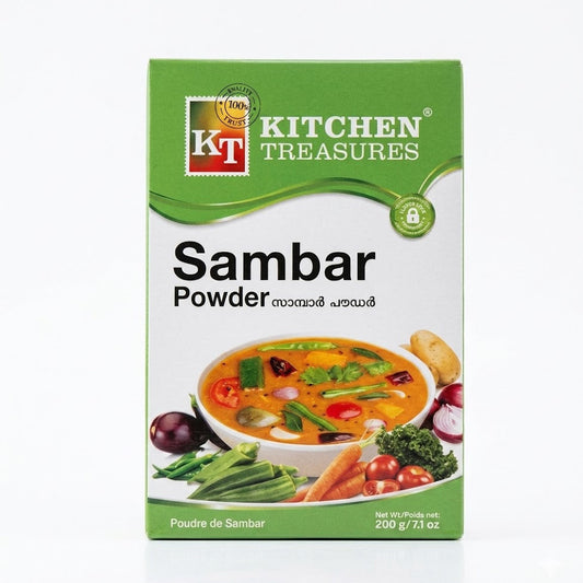 Kitchen Treasures Sambar Powder
Create an authentic, aromatic South Indian Sambar with Kitchen Treasures Sambar Powder. This 200g pack features a masterfully balanced blend of roasted lentils and premium spices, delivering the perfect consistency and traditional tang to your daily meals.This product is available in the UK at theindianshelf.co.uk.