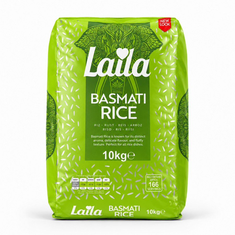 A professional studio shot of a vertically oriented 10kg bag of Laila Basmati Rice against a clean white background. The packaging features a vibrant green background patterned with falling silver rice grains. A dark green center panel showcases an elegant white cursive "Laila" logo superimposed over a line-art illustration of a decorated Indian elephant head. Below the logo, "BASMATI RICE" is printed in bold white capital letters,This product is available in the UK at theindianshelf.co.uk. 