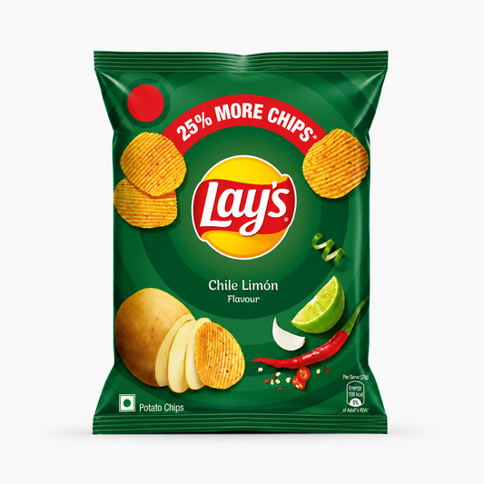 A studio product shot of a dark green pillow pack of ridged Lay's Chile Limón Flavour Potato Chips against a solid white background. The top center features a bright red arched banner stating "25% MORE CHIPS"* right above the circular yellow and red "Lay's" logo. The product title "Chile Limón Flavour" is centered in white script. The lower half displays a whole potato being finely sliced into ridged chips on the left This product is available in the UK at theindianshelf.co.uk.