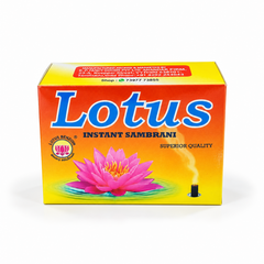 A box of Lotus Instant Sambrani featuring vibrant yellow and orange packaging with a lotus flower graphic, centered on a solid white background. Available in the UK at theindianshelf.co.uk.