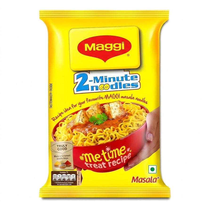 This is a classic pack of Maggi 2-Minute Noodles in the popular Masala flavor. It is known for its signature blend of spices and is a quick, convenient snack or meal option.This product is available in the UK at theindianshelf.co.uk.