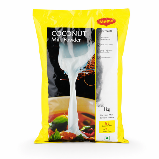 A professional studio shot of a 1kg bag of Maggi Coconut Milk Powder. The packaging is bright yellow with a large black and white central graphic showing thick white coconut milk being poured from a shell. The red "Maggi" logo is at the top right. Key features are listed with checkmarks: "Made from Real Coconut," "Rich and Creamy," "Low Cholesterol or Trans Fat," and "Smooth Texture." A yellow box at the bottom highlights that the 1kg pack makes 5L of Coconut Milk or 2L of CoconutThis product is available i