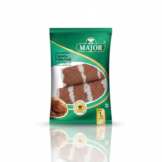 Major Chemba Puttu Podi 1 kg pack, made from roasted red rice flour for authentic steamed rice cakes, is available for purchase at theindianshelf.co.uk.