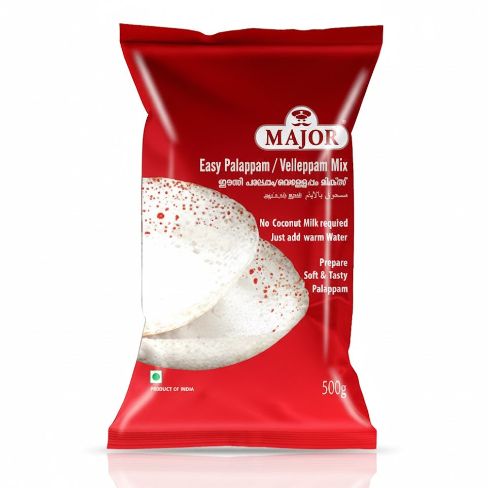 Major Easy Palappam / Velleppam Mix 500g pack, used to prepare soft and authentic traditional South Indian lace pancakes, is available for purchase at theindianshelf.co.uk.