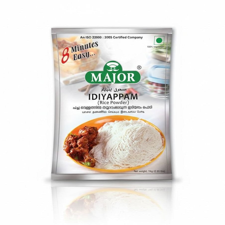 Major Idiyappam Rice Powder 1kg pack, specially formulated for making soft and authentic traditional South Indian string hoppers, is available for purchase at theindianshelf.co.uk.