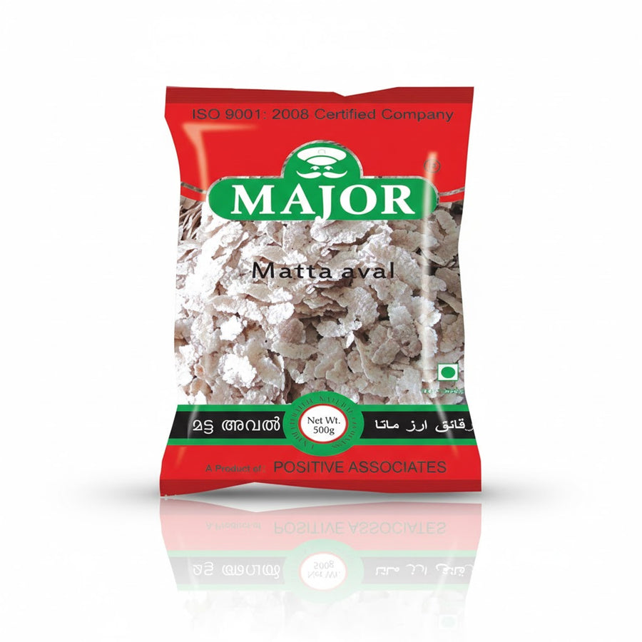 Major Matta Aval 500g pack, featuring authentic flattened red rice for traditional South Indian snacks and breakfasts, is available for purchase at theindianshelf.co.uk.
