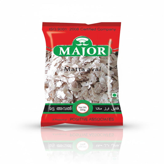 Major Matta Aval 500g pack, featuring authentic flattened red rice for traditional South Indian snacks and breakfasts, is available for purchase at theindianshelf.co.uk.