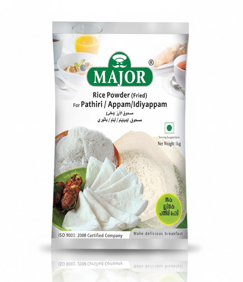 
Major Rice Powder (Fried) 1kg pack, ideal for making authentic Pathiri, Appam, or Idiyappam for traditional South Indian meals, is available for purchase at theindianshelf.co.uk.