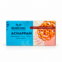 A 170g blue and cream retail box of Malabar Choice Achappam Rose Cookies featuring product branding and floral cookie imagery, centered on a solid white background. Available in the UK at theindianshelf.co.uk.