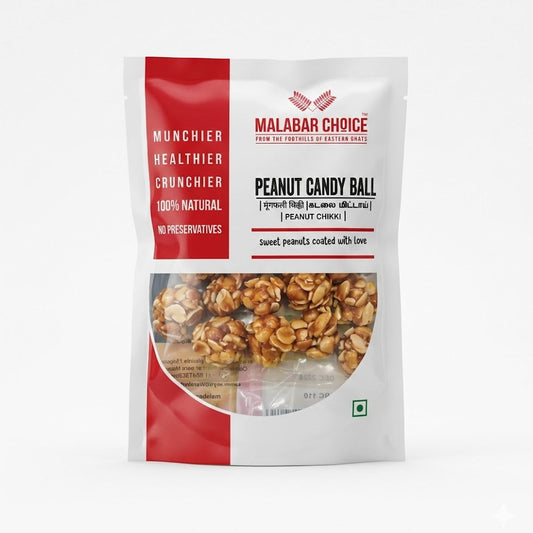 A white and red stand-up pouch of Malabar Choice Peanut Candy Ball (also known as Peanut Chikki). The packaging highlights that the product is "Munchier, Healthier, Crunchier," 100% natural, and contains no preservatives. A transparent window on the front reveals several round, bite-sized balls made of roasted peanuts coated in jaggery.This traditional Indian snack is available for purchase in the UK at theindianshelf.co.uk.