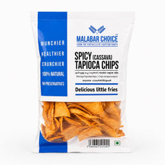 A professional studio shot of the Malabar Choice Spicy (Cassava) Tapioca Chips packaging. The bag features a clean white design with a bold vertical blue stripe on the left containing the words "MUNCHIER," "HEALTHIER," "CRUNCHIER," "100% NATURAL," and "NO PRESERVATIVES". The top right displays the "Malabar Choice" logo and the product name in bold black text, accompanied by its name in various languages.This product is available in the UK at theindianshelf.co.uk.