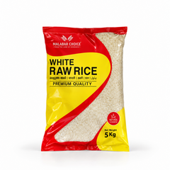 A 5 Kg red and yellow retail bag of Malabar Choice White Raw Rice featuring product branding and a transparent window showcasing the rice grains, centered on a solid white background. Available in the UK at theindianshelf.co.uk.