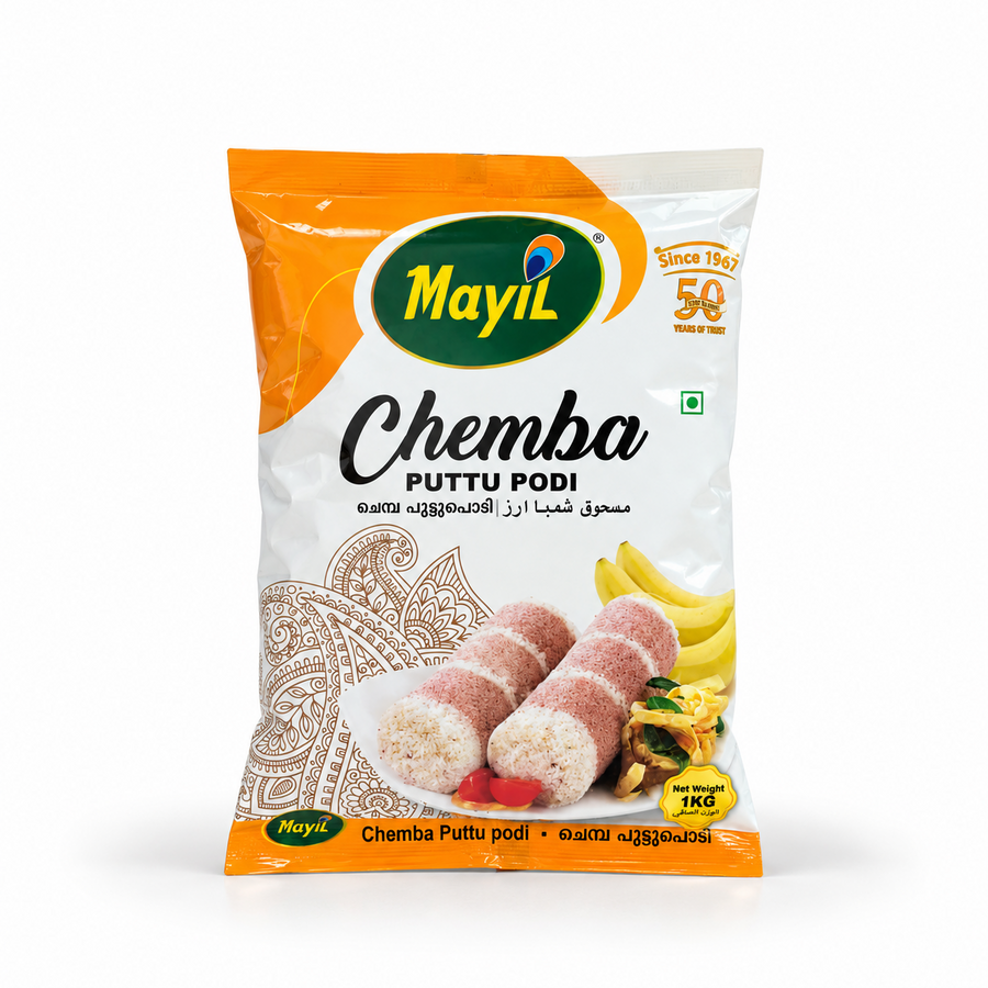 A 1KG orange and white retail pouch of Mayil Chemba Puttu Podi featuring product branding and prepared puttu serving imagery, centered on a solid white background. Available in the UK at theindianshelf.co.uk.