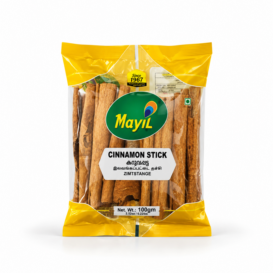 A 100g transparent retail pouch of Mayil Cinnamon Stick featuring whole bark pieces and product branding, centered on a solid white background. Available in the UK at theindianshelf.co.uk.
