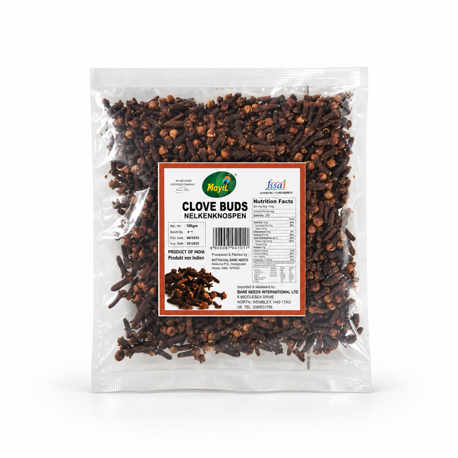 A 100g transparent pouch of Mayil Clove Buds featuring a detailed product label with nutrition facts, centered on a solid white background. Available in the UK at theindianshelf.co.uk..