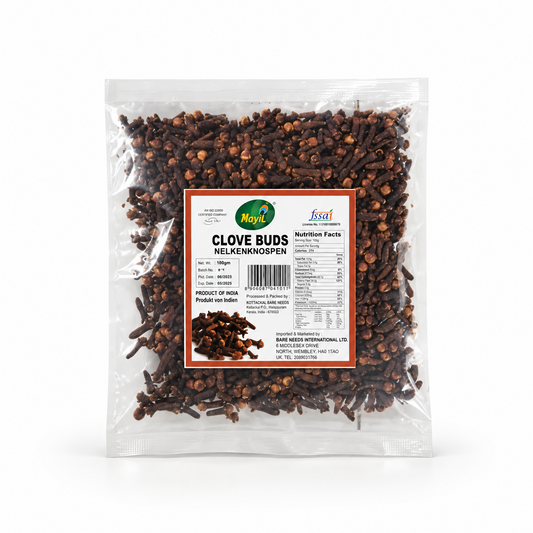 A 100g transparent pouch of Mayil Clove Buds featuring a detailed product label with nutrition facts, centered on a solid white background. Available in the UK at theindianshelf.co.uk..
