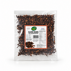A 100g transparent pouch of Mayil Clove Buds featuring a detailed product label with nutrition facts, centered on a solid white background. Available in the UK at theindianshelf.co.uk..