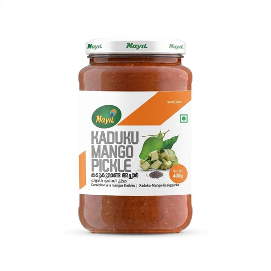 Savor the bold, traditional taste of Mayil Kaduku Mango Pickle. Since 1967, this 400g jar has combined tender mango pieces with the sharp, aromatic punch of mustard seeds for an authentic Indian flavor Available in the UK at theindianshelf.co.uk.