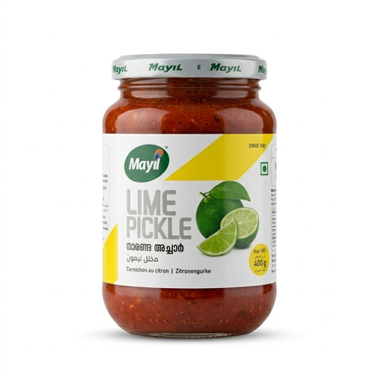 This is a 400g jar of Lime Pickle from the brand Mayil, which has been around since 1961. It is a traditional South Indian condiment (Naranga Achar) known for its tangy, spicy, and slightly salty flavor profile. The product is 100% vegetarian and serves as a perfect accompaniment to rice, curd rice, or papadums.This product is available in the UK at theindianshelf.co.uk.