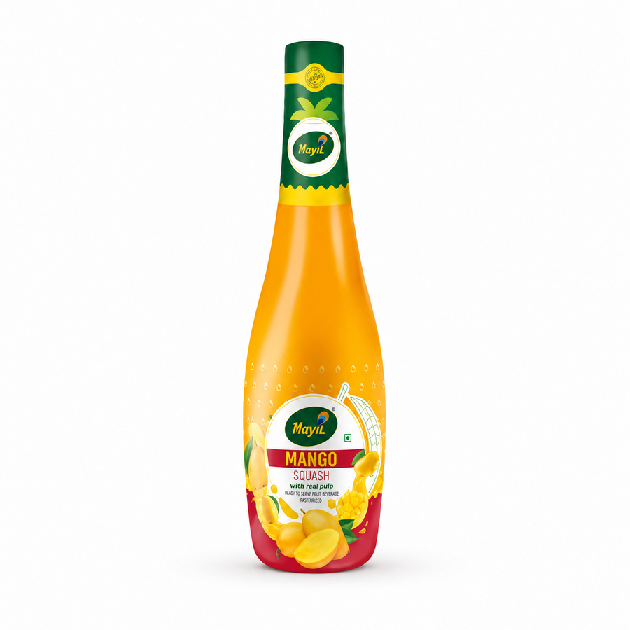 A studio product shot of a contoured bottle of Mayil Mango Squash against a solid white background. The bottle transitions from a long dark green neck down into a vibrant golden-orange body filled with mango concentrate. The neck features a small circular "Mayil" logo, while the main body holds a larger round label displaying the brand name "Mayil" above a red banner reading "MANGO SQUASH" and the text "with real pulp". This product is available in the UK at theindianshelf.co.uk.