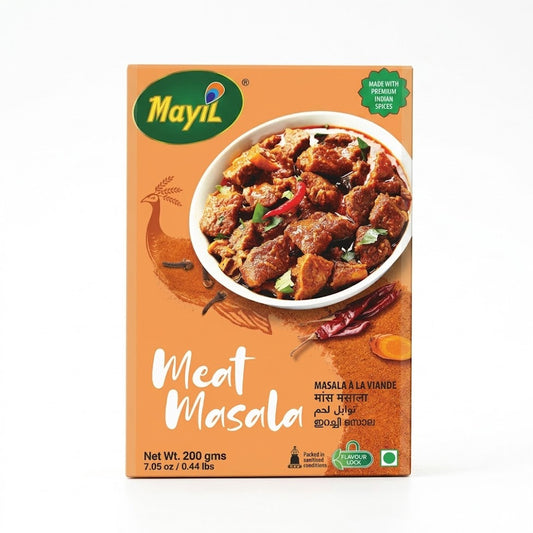 A professional, vertical studio shot of a Mayil Meat Masala box against a white background. The packaging is a warm orange color and features the "Mayil" peacock logo in the top left. A prominent white bowl in the center showcases a rich, dark meat curry garnished with fresh green chilies and herbs. The bottom of the box displays the product name in English, Hindi, Arabic, and Malayalam, along with a "Flavor Lock" seal and the net weight of 200g (7.05 oz).This product is available in the 