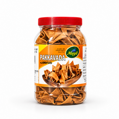 A transparent plastic jar of Mayil Pakkavada featuring a red screw cap and a yellow-and-white product label, centered on a solid white background. Available in the UK at theindianshelf.co.uk.