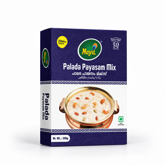 A 200g deep purple and white retail carton of Mayil Palada Payasam Mix featuring product branding and a serving bowl visual, centered on a solid white background. Available in the UK at theindianshelf.co.uk.
