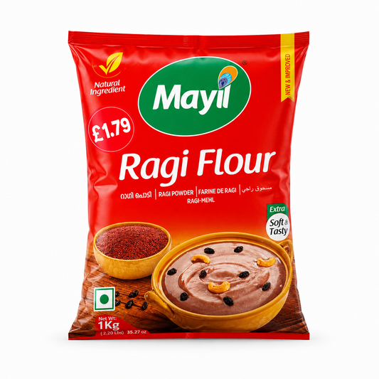 A professional studio product shot of a 1kg retail pillow pouch of Mayil Ragi Flour isolated against a pure white background in image_99ec82.jpg. The vibrant red and green packaging features the white Mayil brand logo with a peacock feather accent, a prominent "£1.79" price circle, a bowl of whole ragi grains, and a traditional clay dish filled with prepared ragi porridge garnished with cashews and raisins. This product is available in the UK at theindianshelf.co.uk.