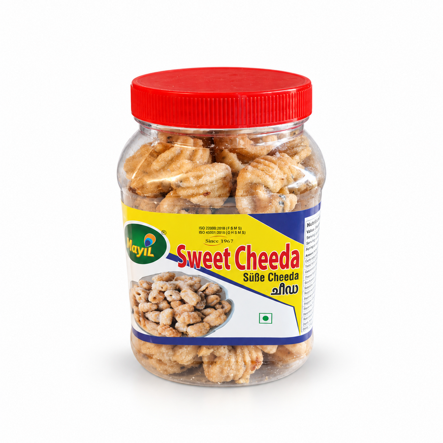 A 350g clear plastic jar of Mayil Sweet Cheeda featuring a red screw cap, brand labels, and visible crunchy snacks, centered on a solid white background. Available in the UK at theindianshelf.co.uk.