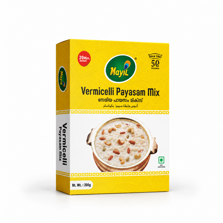 A 200g yellow retail carton of Mayil Vermicelli Payasam Mix featuring product branding and a serving bowl visual, centered on a solid white background. Available in the UK at theindianshelf.co.uk.
