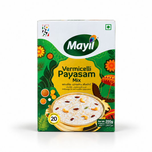A 200g retail carton of Mayil Vermicelli Payasam Mix featuring brand logos, multilingual text, and an image of creamy payasam, centered on a solid white background. Available in the UK at theindianshelf.co.uk.