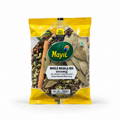 A 100g yellow and transparent retail pouch of Mayil Whole Masala Mix featuring visible whole spices and product branding, centered on a solid white background. Available in the UK at theindianshelf.co.uk