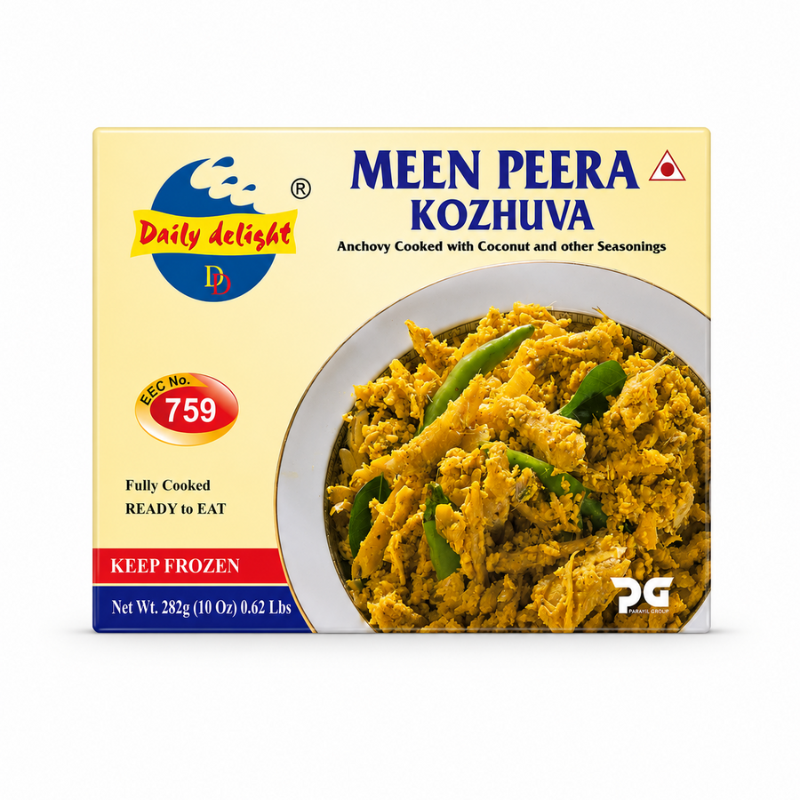 A professional studio product shot of a square cardboard box for Daily Delight Meen Peera Kozhuva against a solid white background. The left side features a pale yellow background showing the circular blue and yellow "Daily Delight" logo, an oval red "759" registration stamp, and clear text reading "Fully Cooked READY to EAT" and "KEEP FROZEN". The right side features the bold blue title "MEEN PEERA KOZHUVA" This product is available in the UK at theindianshelf.co.uk.