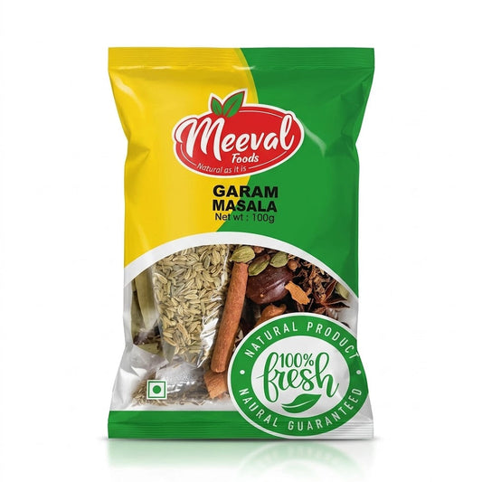 Meeval Garam Masala
This is a 100g pack of Garam Masala from Meeval Foods. Unlike many powdered versions, this pack features whole, aromatic spices including cinnamon sticks, star anise, and cardamom pods, ensuring a 100% fresh and potent flavor. It is a natural, vegetarian-friendly essential for adding warmth and depth to authentic Indian curries and rice dishes.This product is available in the UK at theindianshelf.co.uk.